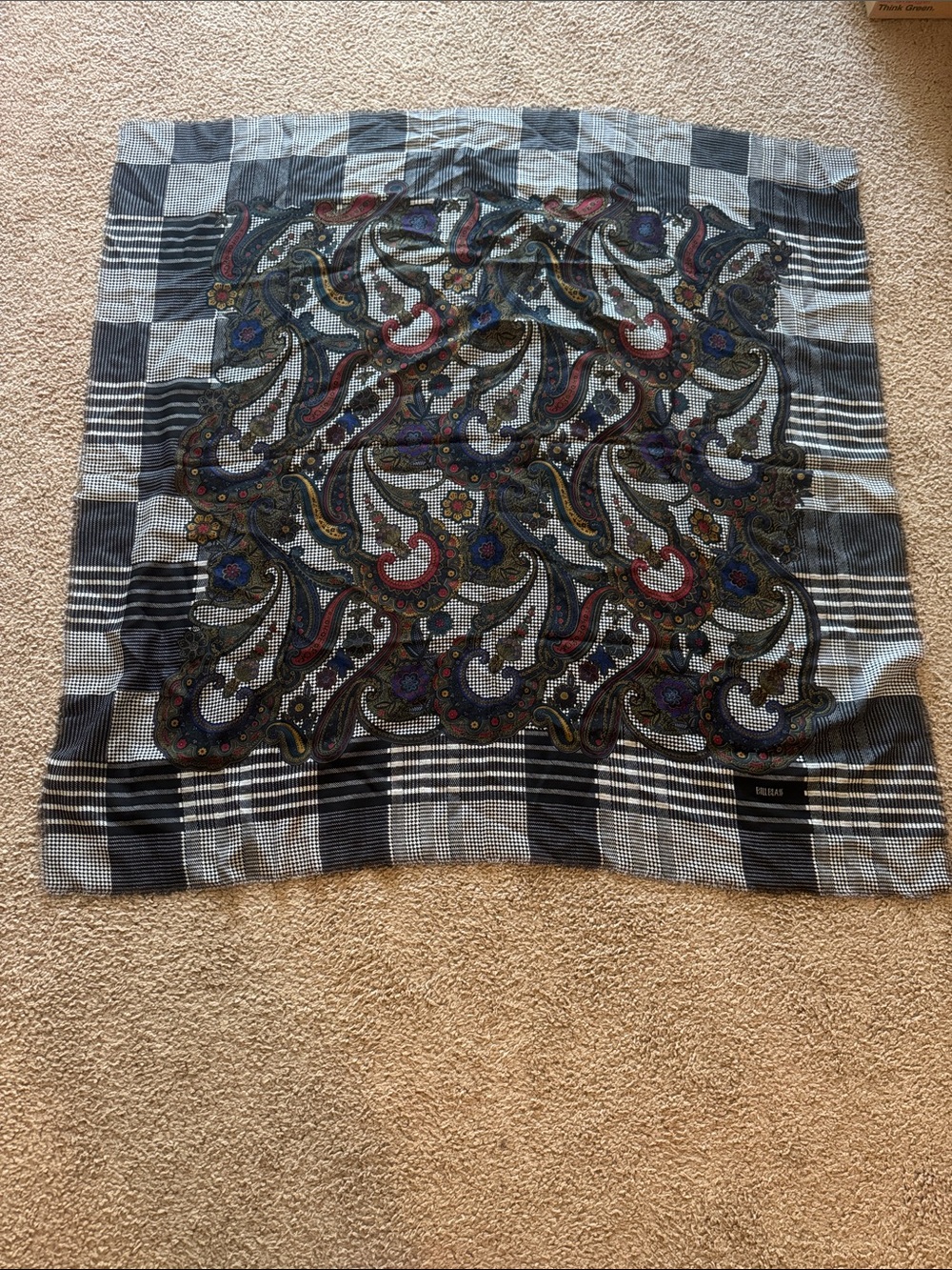 bill blass Black and White Plaid Scarf with Multicolor Paisley